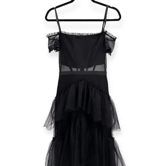 Betsy & Adam Black Off The Shoulder‎ Corset Tiered Tulle Evening Dress - Size 0